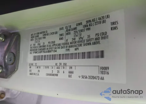 2018 Ford Escape S из США, поврежденный, VIN 1FMCU0F70JUB97134